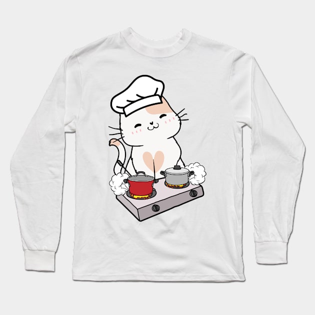 Funny white Cat is cooking Long Sleeve T-Shirt by Pet Station